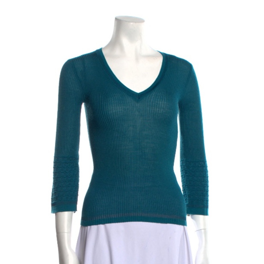 MISSONI Merino Wool Bell Sleeve Waffle Sweater Knitwear Thermal Teal Green Blue